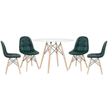 Imagem de Loft7, Mesa redonda Eames 100 cm branco + 4 cadeiras estofadas Eiffel Botonê Verde escuro