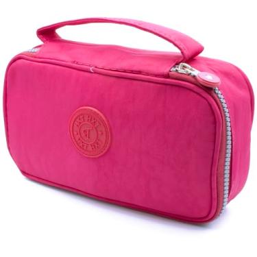 Imagem de Estojo Escolar Feminino Masculino Grande Box Ziper Resistente Papelaria Fofa Quadrado Infantil Unissex Alça De Mão Organizador De Lápis Canetas Marcadores Lapiseira Borracha Apontadores (Rosa Escuro)