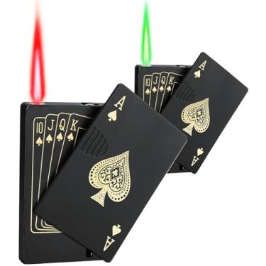 Imagem de Pacote com 2 isqueiros de tocha a jato, acendedores de cartão Ace de chama verde, recarregáveis, isqueiros de butano Ace of Spades, isqueiro legal ajustável à prova de vento (sem gás)