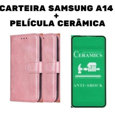 Imagem de Capa Capinha Carteira Preta + Película de Cerâmica para Samsung A14 - 