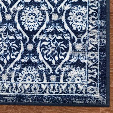 Imagem de Antep Rugs Alfombras Antiderrapante (Antiderrapante) 6 x 10 cm Borracha Backing Floral Geométrico Baixo Perfil Pilha Cozinha Tapetes (Azul Marinho, 60 cm x 100 cm)