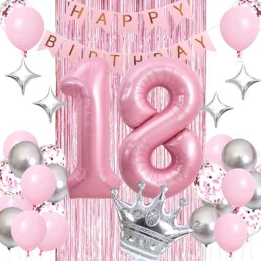 Imagem de Doces decorações de aniversário de 18 anos, rosa, decorações de feliz aniversário para meninas, balões rosa prateados, número 18 balões, cortina de franja, balão de coroa, balão de estrela para sua