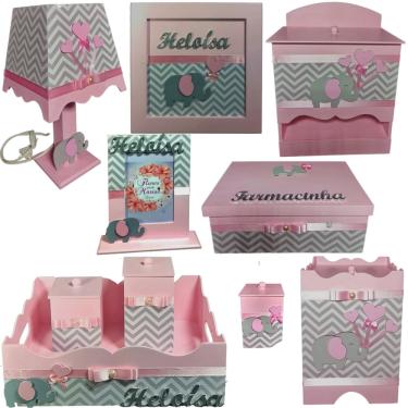 Imagem de Kit farmacinha Higiene bebê Mdf 10 peças - rosa bb chevron cinza de elefante