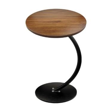 Imagem de Mesa Lateral Redonda Moderna, Tampo em Madeira Marrom, Base Curva em Metal Preto, Design Minimalista
