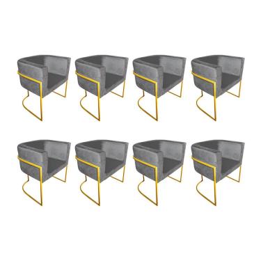 Imagem de Kit 8 Poltronas Decorativa Sala De Estar Base De Ferro Dourada Veludo Cinza