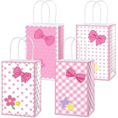 Imagem de Justforjoyful 24 peças sacos de presente de gato rosa desenho animado fofo lembrancinhas de festa de gatinho fofo doces sacos de doces com alças gravata borboleta flor festa saco de papel para chá de