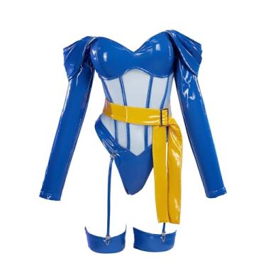 Imagem de Mobbunny Conjunto de lingerie sexy de couro para cosplay derivado de anime feminino com ombro de fora transparente com cinto (azul, médio)