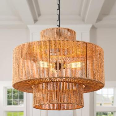 Imagem de OCWHT Luminária Pendente Grande De Vime, Estilo Boho, Com 3 Lâmpadas, Abajur Tecido À Mão, Para Cozinha, Ilha, Corredor, Quarto, Sala Estar, Fazenda