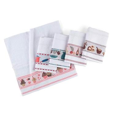 Imagem de Panos de Prato para Cozinha, Kit com 5 Unidades, Felpudo, Branco com Barrado Estampado Sortidos