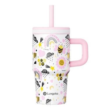 Imagem de Luxgola Copo infantil de 590 ml com alça, tampa rosqueada à prova de vazamento com canudo de silicone removível, à prova de derramamento, garrafa de água isolada de aço inoxidável reutilizável,