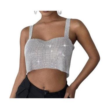 Imagem de B0403-Blusa Top Cropped Strass Pedraria Brilho Prateado Dourado Preto 