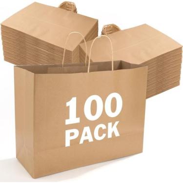 Imagem de Sacos de papel XPCARE, pacote com 100, grandes, com alças, 40x15x30cm,