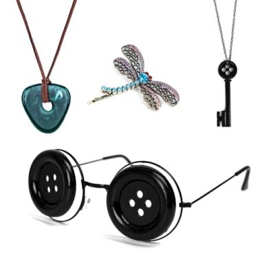Imagem de Coraline Conjunto de colar de chave de óculos de botão, colar de esmeralda, libélula, grampo de cabelo, Standard, Poliéster