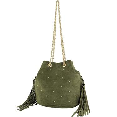 Imagem de modamoda de T245/T246 Bolsa feminina de couro italiano, fecho de corrente dourada, 20 x 14 cm, Verde-oliva/camurça