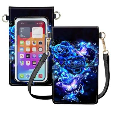 Imagem de Bolsa de telefone com tela sensível ao toque, bolsa transversal pequena para mulheres, meninas, bolsa de couro leve com porta-cartões, carteira de telefone com alça de ombro, borboleta rosa azul