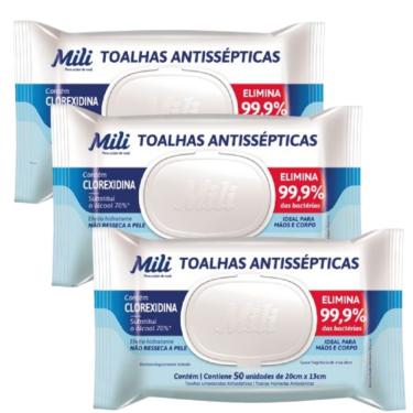 Imagem de Lenço Umedecido ou Toalhas Antissépticas Mili  3 pacotes com 50 (Total: 150 toalhas)