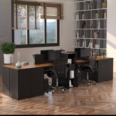 Imagem de Estação De Trabalho 4 Lugares Office Tech 4 Mesas 2 Armários - Preto E Cedro Preto E Cedro
