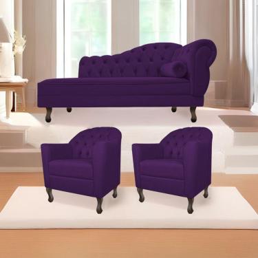 Imagem de Kit Diva Recamier Diana 160Cm Lado Esquerdo E 02 Poltronas Julia Suede - Doce Sonho Móveis Roxo
