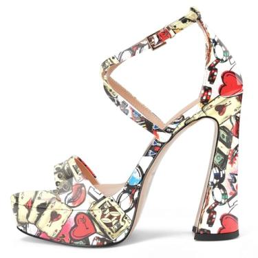 Imagem de Sandálias femininas de salto alto grosso, plataforma aberta, peep toe, tira no tornozelo, salto com tiras e fivela de tira cruzada única para mulheres, casamento sexy, 12 cm, Patente vermelho grafite