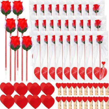 Imagem de 120 conjuntos de presentes de dia dos namorados para crianças, sala de aula, 120 canetas esferográficas rosa com notas adesivas, clipes de coração, bolsas de presente para crianças, sala de aula, presentes de dia dos namorados