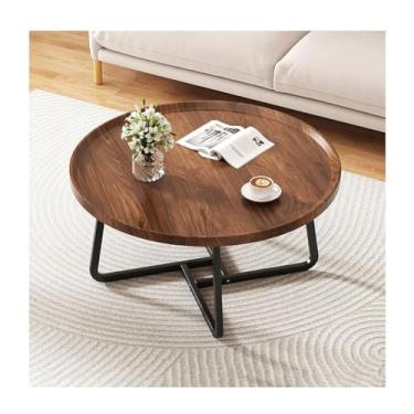 Imagem de HGTRH Mesas de encaixe redondas para sala de estar, conjunto de 2 mesas de centro modernas com suporte de aço carbono HDF empilhável para apartamento, sala de estar, quarto, varanda, nogueira, 70 x 70