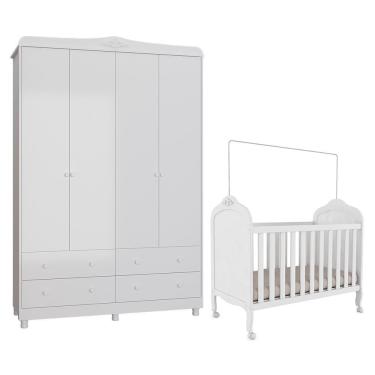 Imagem de Jogo De Quarto Infantil Elô Guarda Roupa E Berço Branco Brilho - Móveis Peroba