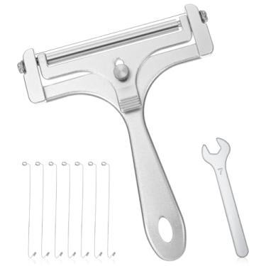 Imagem de Cortador de queijo de arame, 1 peça de cortador de queijo de aço inoxidável portátil, cortador de queijo de arame com 4 peças de chave de fios de substituição para bloco de manteiga cheddar ferramenta