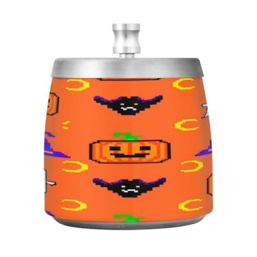 Imagem de Qilmy Cinzeiro Pixel Pumpkins de aço inoxidável com tampa - Cinzeiro de cigarro à prova de vento sem cheiro sem fumaça para casa, escritório, carro, pátio, varanda (uso interno e externo)