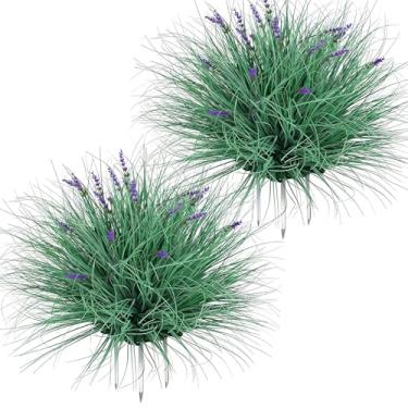 Imagem de QIANYUN Grama verde escura artificial de 51 cm com estacas de lavanda, plantas de vegetação sintética para decoração de jardim ao ar livre, grama resistente a UV para decoração de gramado, pátio e