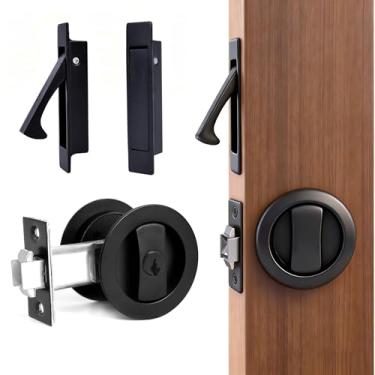 Imagem de Dontay Fechadura de chave de porta de bolso com puxador de borda, fundo de 3,8 cm, 2 lados embutidos de aço inoxidável, ferragens para portas deslizantes de 3,5 a 6,5 cm (preto fosco, redondo - 1