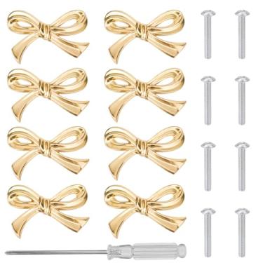 Imagem de Conjunto de 8 Puxadores Grandes em Formato Laço com Chave Fendas e Parafusos, Puxadores Decorativos Vintage Dourados em Formato Laço para Gavetas Armários de Cozinha Roupeiros e Cómodas