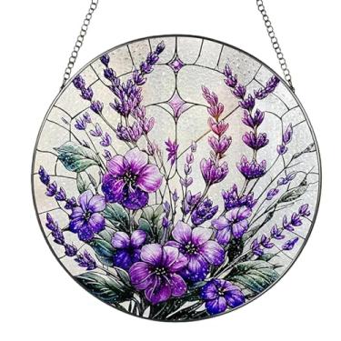 Imagem de Enfeites decorativos para pendurar – apanhador solar de vitral plano 2D flor bauhinia e violetas de 15 cm com corrente para janela, jardim, decoração de casa