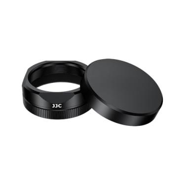 Imagem de JJC Para-sol de lente quadrada de metal com tampa de lente para câmera compacta Fuji Fujifilm X Half XHalm, X meia capa protetora para lente com protetor de tampa, antiarranhões, antiperda, cor preta