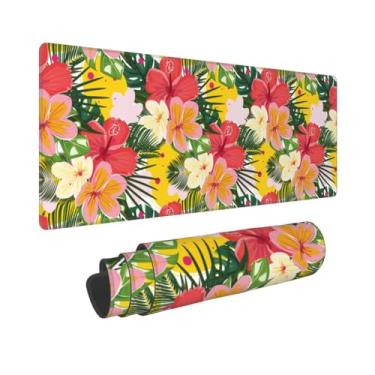 Imagem de Tapete de teclado com flores vermelhas tropicais, tapete de mesa para jogos, tapete de mouse de mesa, folhas verdes, floral, grande, para computador, tapete de mesa com borda costurada para mulheres