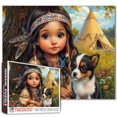 Imagem de Quebra-cabeça de 1000 peças para adultos nativos americanos pintura quebra-cabeça bebê indiano segurando filhotes de cachorro decoração de parede DIY artesanato arte cultural emocionante para