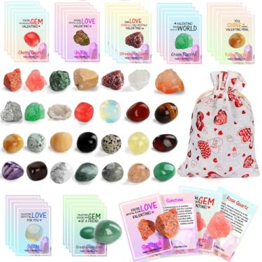 Imagem de RILSIC Valentines Day Gifts for Kids - 28 Pack Valentine Day Exchange Cards & Natural Gemstone Crystals Rocks Minerals Bulk,Valentines Day Cards for Boys Girls Classroom Party Favors