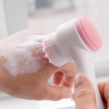 Imagem de Escova de limpeza facial dupla face de silicone e cerdas macias para limpeza profunda dos poros, esfoliação suave, uso no chuveiro, rosa