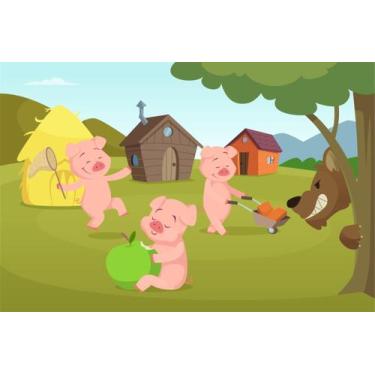 Imagem de Painel de Lona Lobo Mal e os Três Porquinhos Fábula - Fabrika de Festa