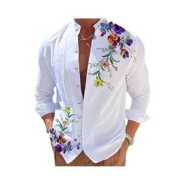 Imagem de Camisa Masculina De Manga Longa Com Estampa 3D De Flores, Moda Casual,