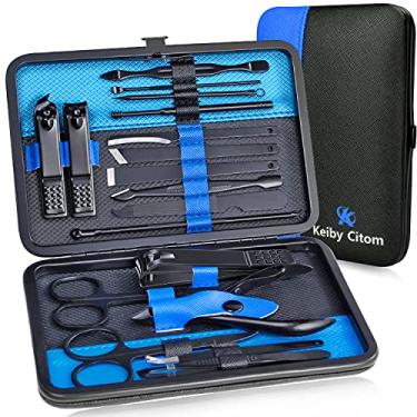 Imagem de Keiby Citom Kit profissional de cortador de unhas de aço inoxidável para viagem e cuidados com as unhas, manicure e pedicure, conjunto de 18 peças com estojo luxuoso (preto/azul)