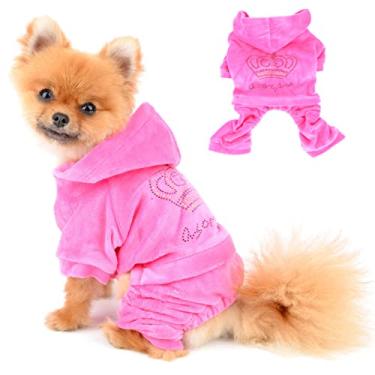Imagem de SEIMAI Moletom com capuz para cachorro pequeno gato filhote coroa de strass veludo macio inverno pijama com capuz trajes esportivos jaqueta com chapéu treino ao ar livre rosa G