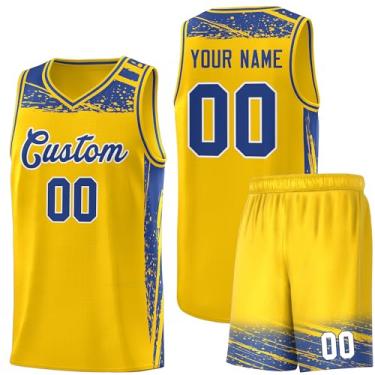 Imagem de Camisa masculina personalizada de basquete juvenil uniforme de treino uniforme impresso personalizado nome do time logotipo número, Amarelo e azul - 16, One Size