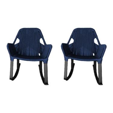 Imagem de Kit 2 Cadeiras de Balanço Athenas Corda Náutica Base em Alumínio Preto/azul Marinho