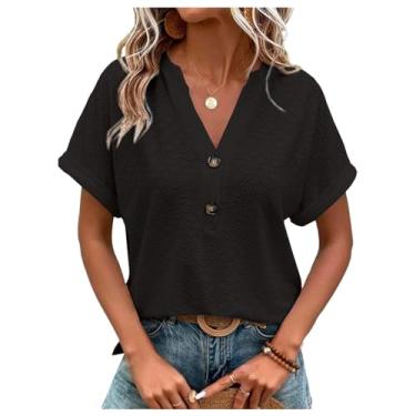 Imagem de Camiseta Lisa Feminina Com Decote Em V Verão Básico Botão Para Baixo Camiseta De Manga Curta Solta