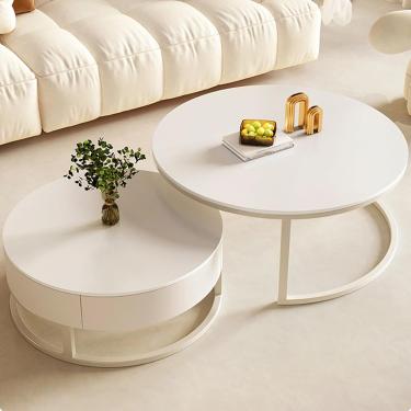 Imagem de Mesa de centro de madeira para sala de estar com armazenamento, madeira natural redonda, fácil montagem - perfeita para escritório doméstico, 60 + 80 cm/24 + 31,5 pol.