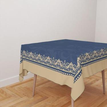 Imagem de Toalha De Mesa Quadrada 4 Lugares Tecido Oxford Azul Moldura Arabesco 