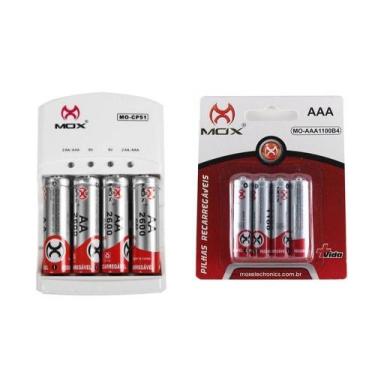 Imagem de Carregador Mox com 4 Pilhas Recarregável AA 2600Mha + 4 Pilhas Recarre