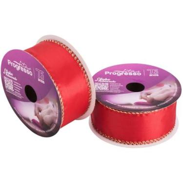Imagem de Fita ARAMADA Natal 38MM X 10M Cetim VERMELHO/DOURADO - Fitas Progresso