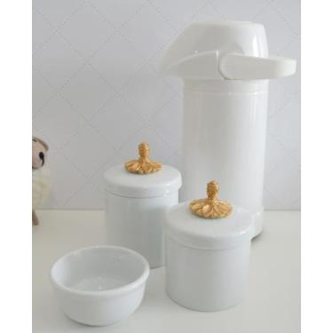 Imagem de kit Higiene Bebê Potes K022 Cotonete  Dourado Algodão Limpeza Porcelan