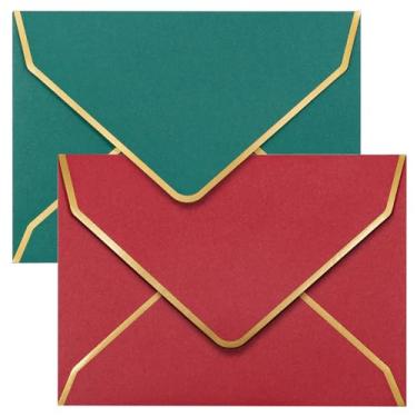 Imagem de Envelopes de convite, pacote com 100 envelopes para convites, envelopes coloridos com bordas de folha dourada, A7, 13,5 x 19,5 cm, cores de Natal, vermelho, verde